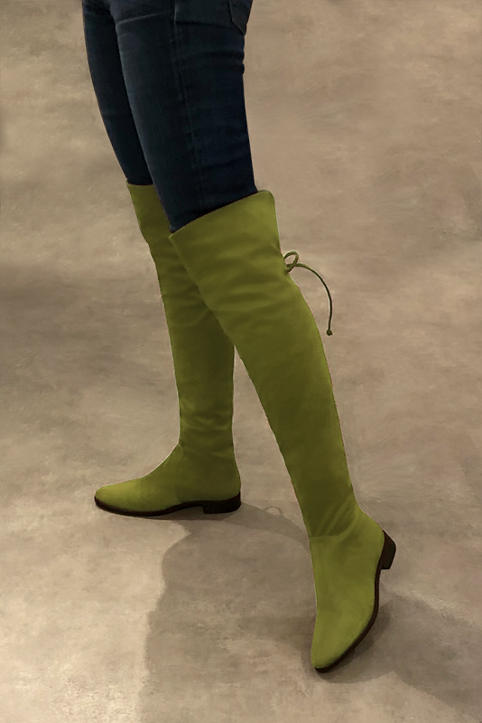 Pistachio green women's leather thigh-high boots. Round toe. Flat leather soles. Made to measure. Worn view - Florence KOOIJMAN